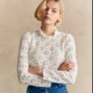 Sezane Florie Ecru/White Guipure Lace Blouse in Cotton, Size 10, Like New